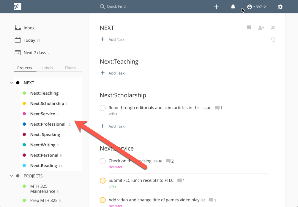 ToDoist Next actions project